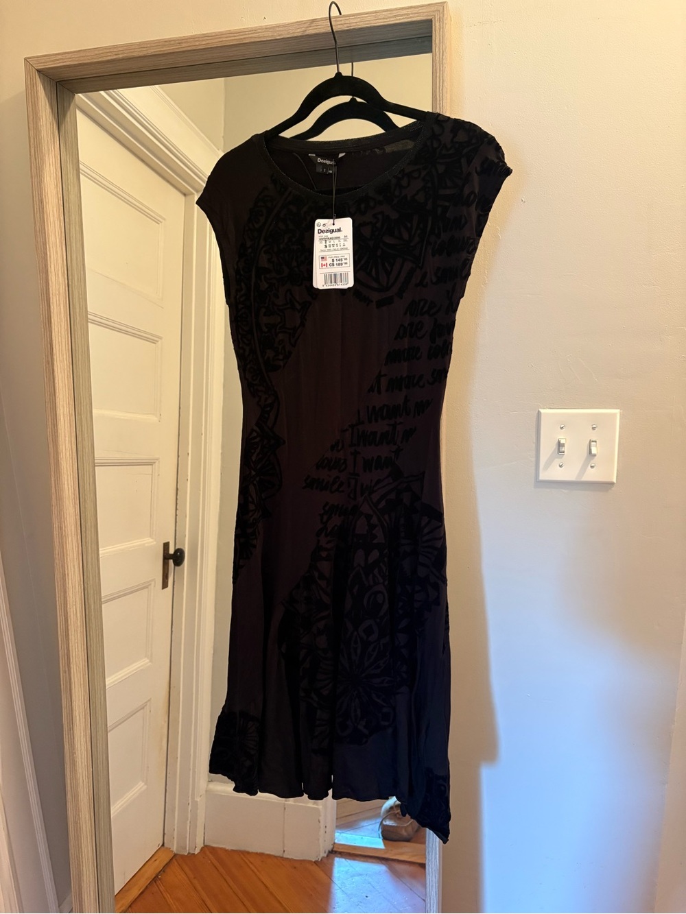 Desigual Black Textured Cap-Sleeve Midi Dress NWT
